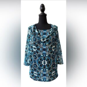 Dana Buchman Black and Blue Mixed Print Drape Neck Blouse